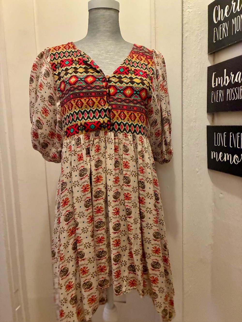 UMGEE Boho Floral Embroidered Cream Dress with Multicolor Yoke